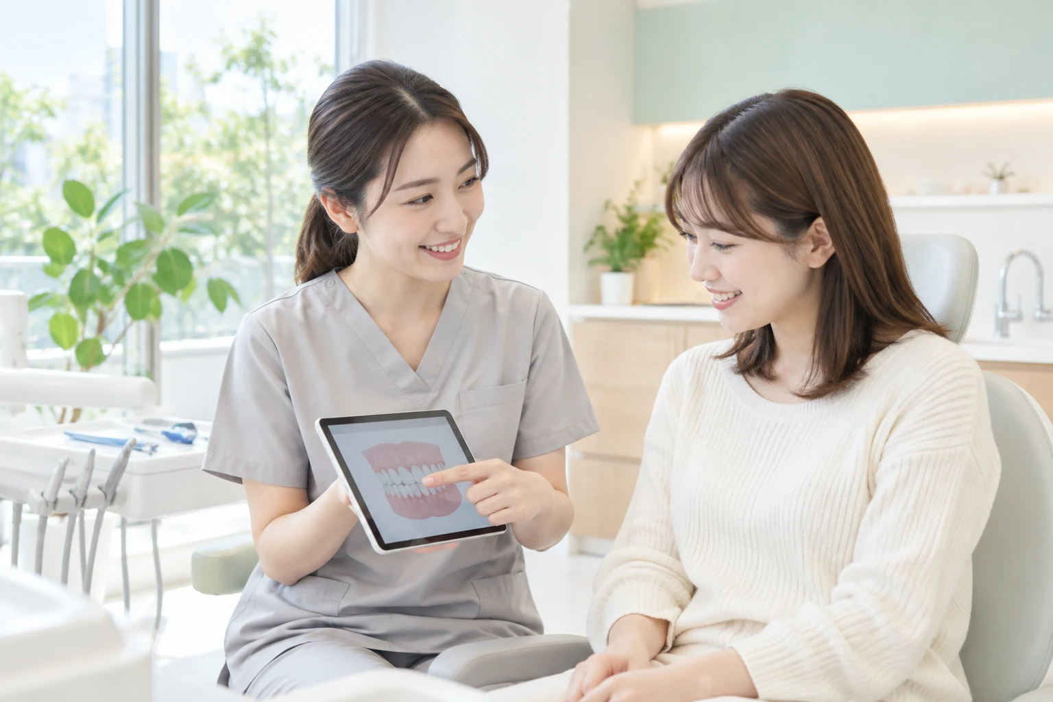 タブレットを使って説明を受ける患者