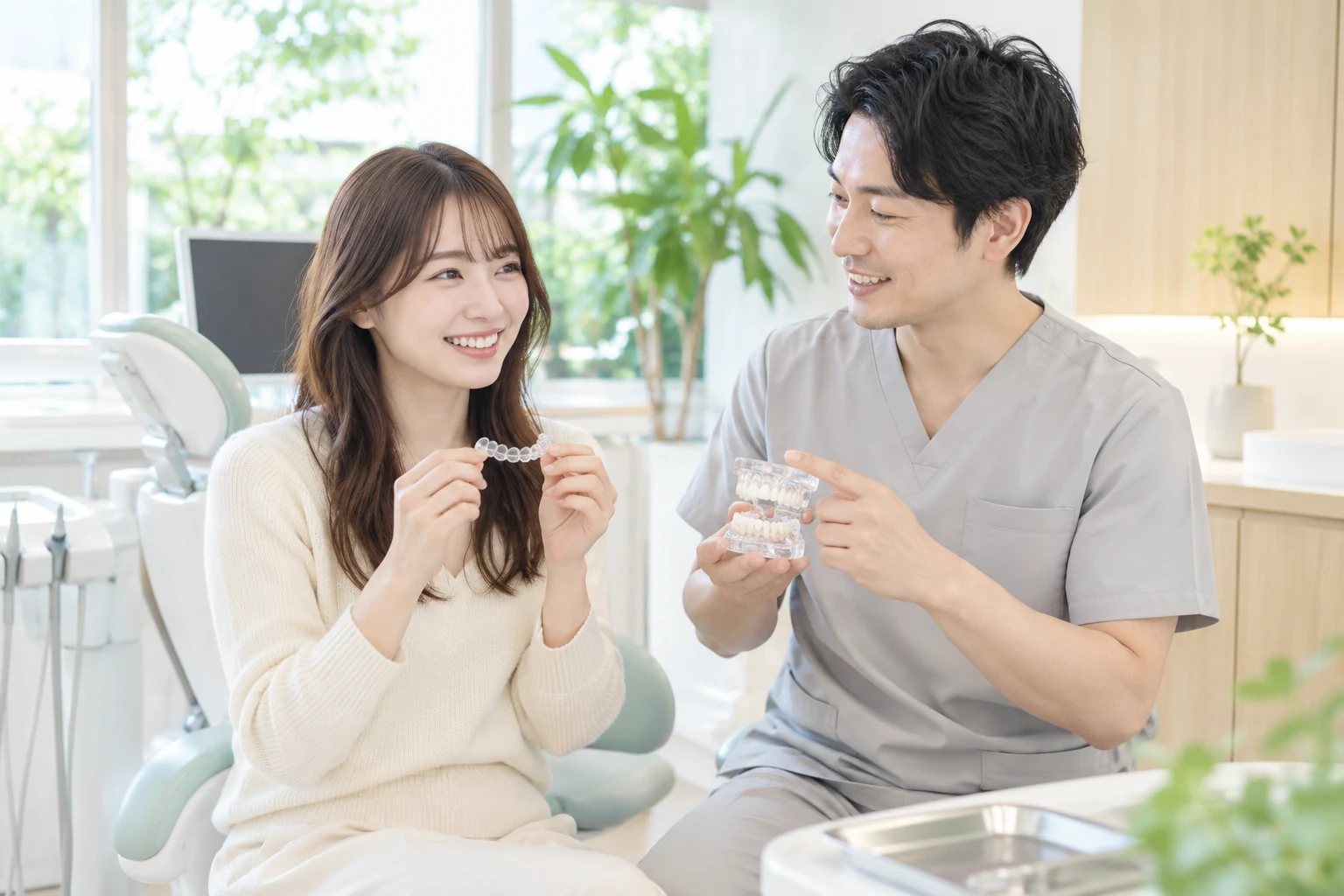 透明な矯正装置について相談する患者
