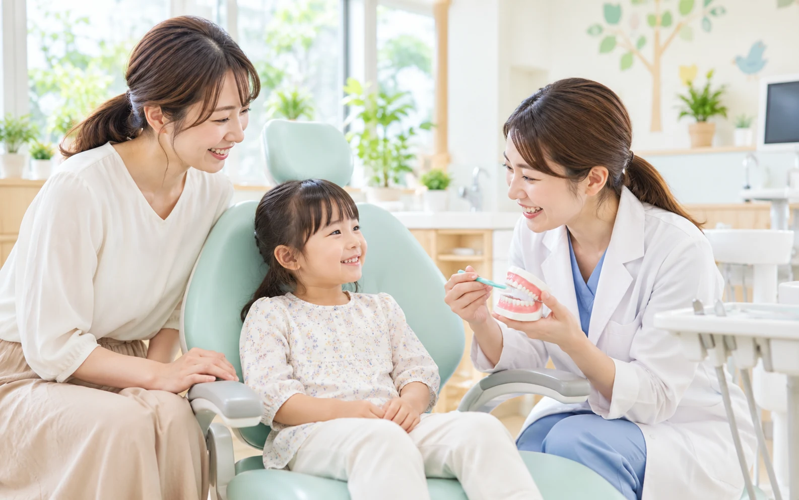 歯磨き方法を教わる子どもと保護者