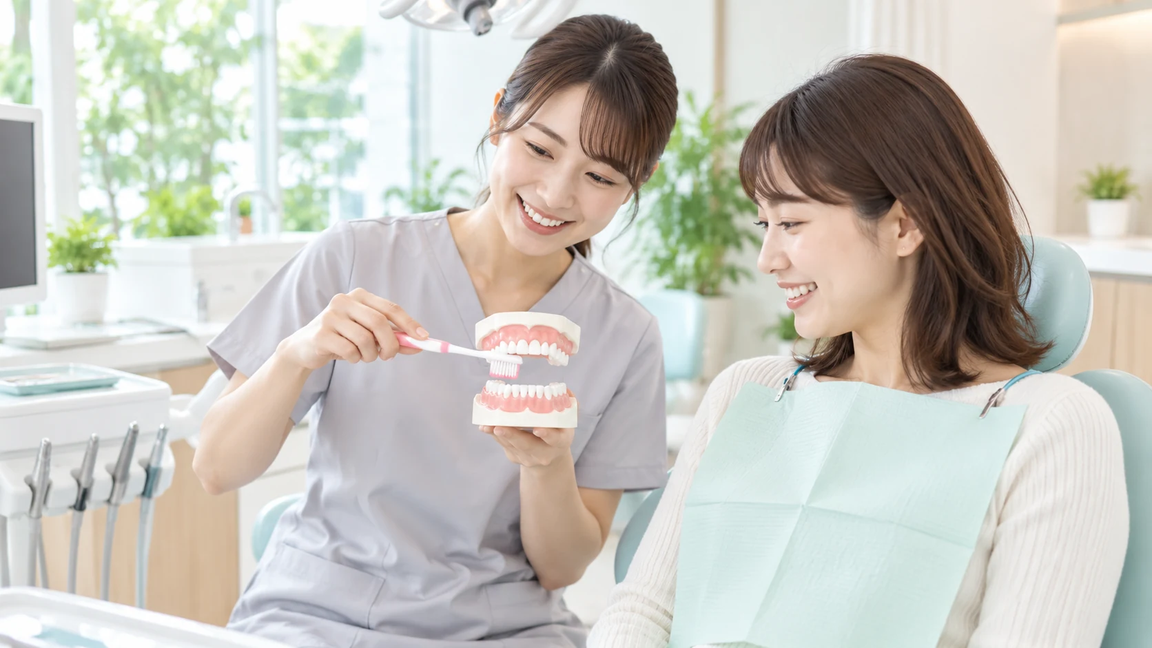 ブラッシング方法を説明する歯科スタッフ