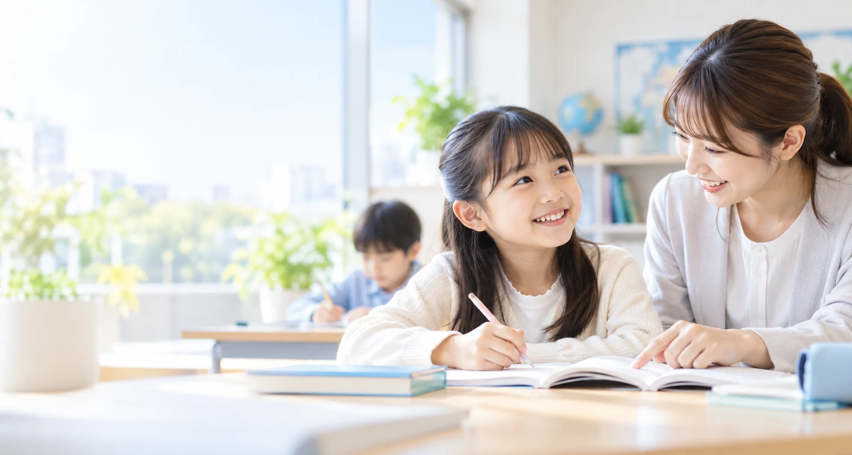 明るい教室で小学生と講師が学ぶ様子