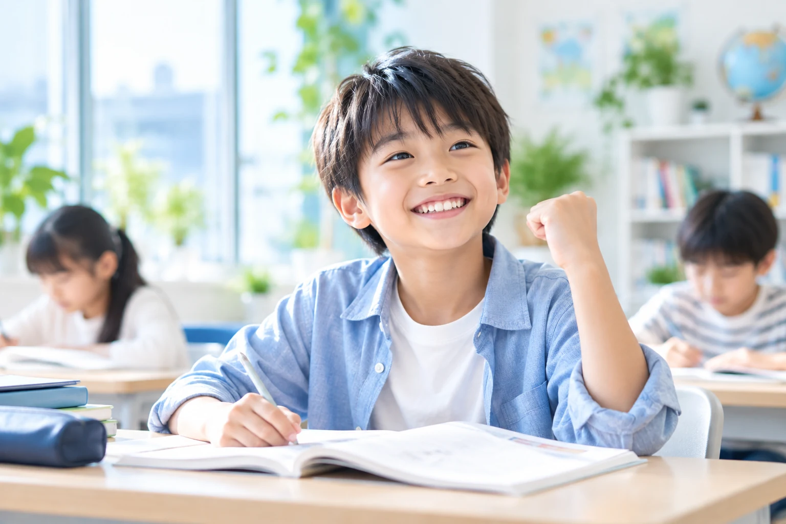 問題が解けて笑顔で喜ぶ小学生