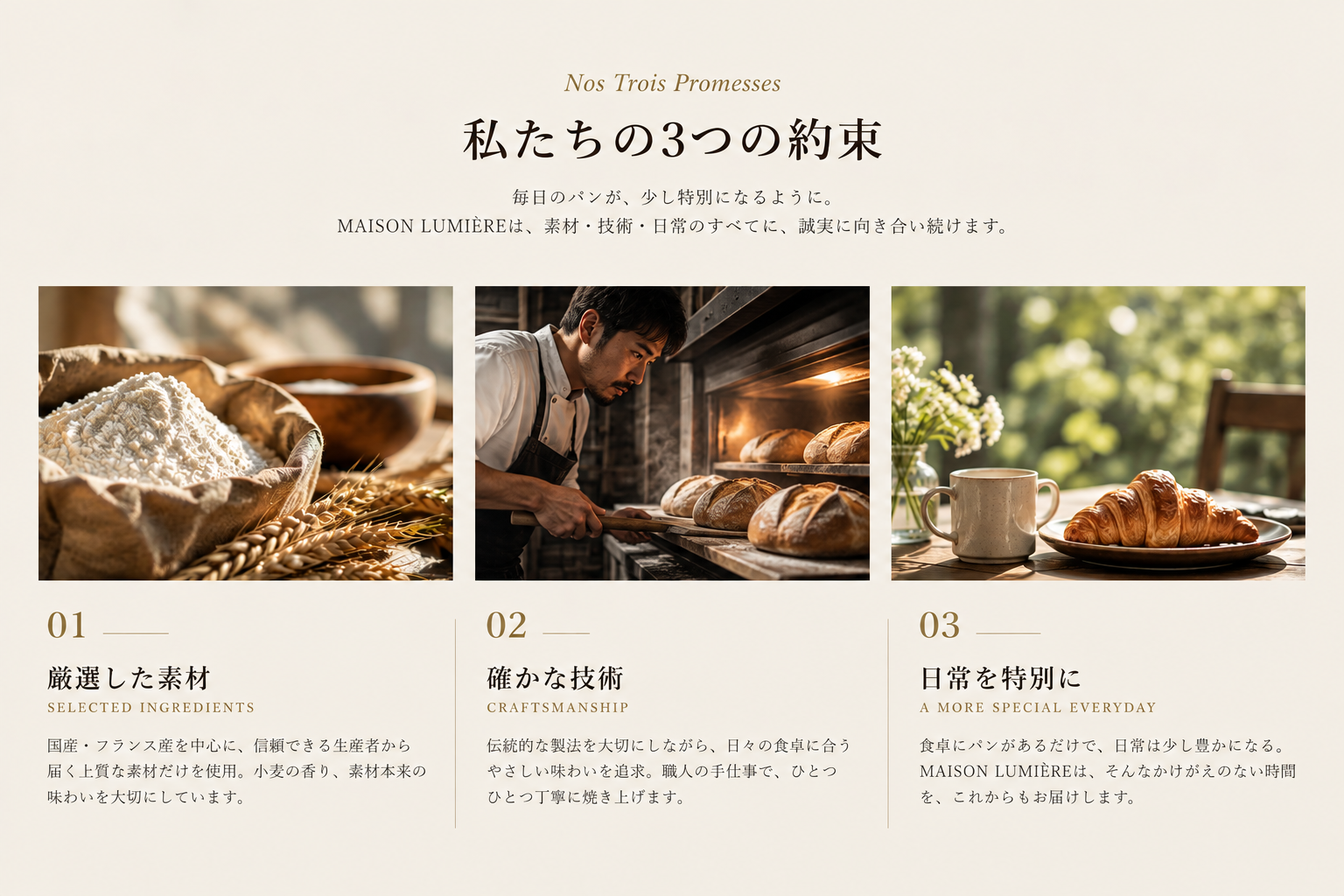 私たちの3つの約束。01 厳選した素材、02 確かな技術、03 日常を特別に。