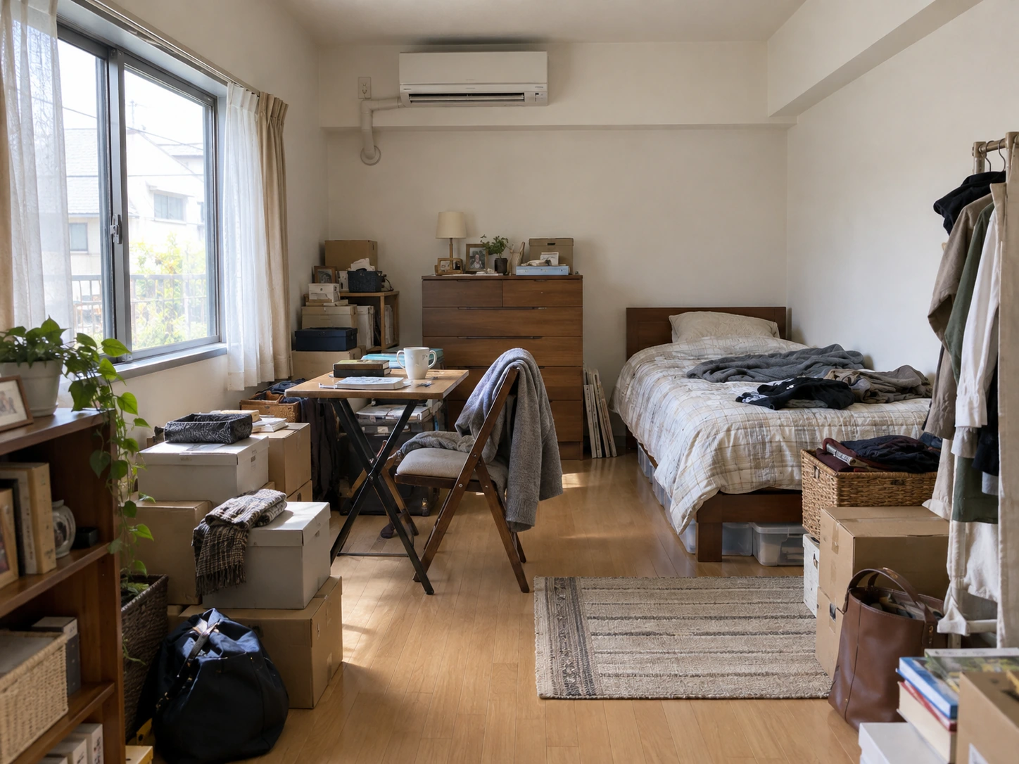 整理前の1K居室。衣類や箱、書類などが室内に残っている様子