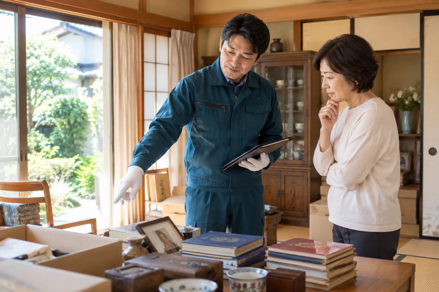 家財を確認しながら整理方針を相談しているスタッフと依頼者の作業イメージ