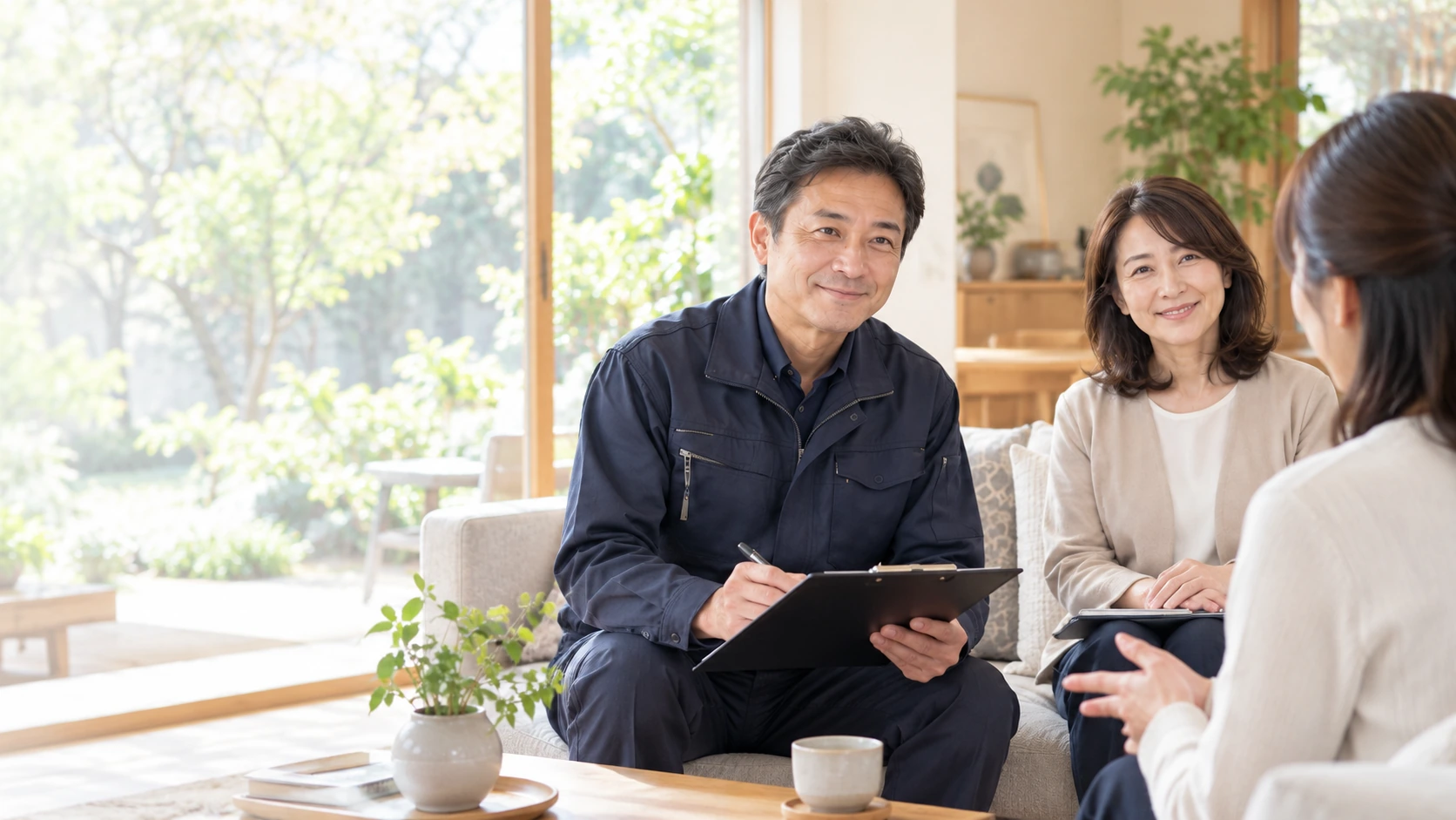 明るい住まいで想彩堂スタッフがご家族の相談を聞いている様子