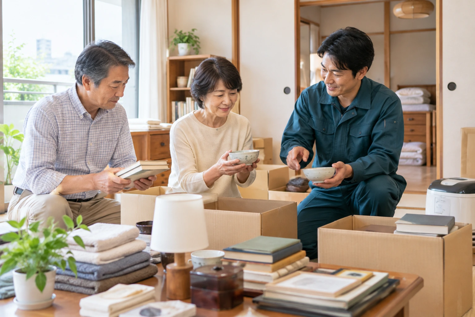 スタッフとご家族が家財を確認しながら整理しているイメージ