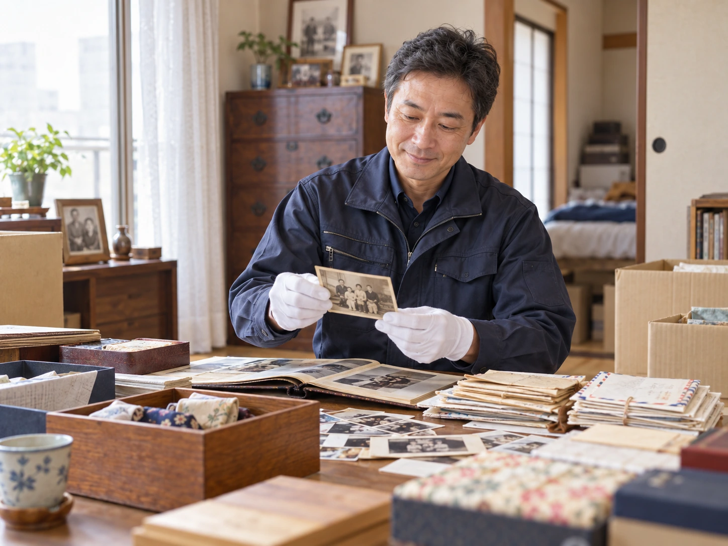 スタッフが思い出の写真を丁寧に確認している様子