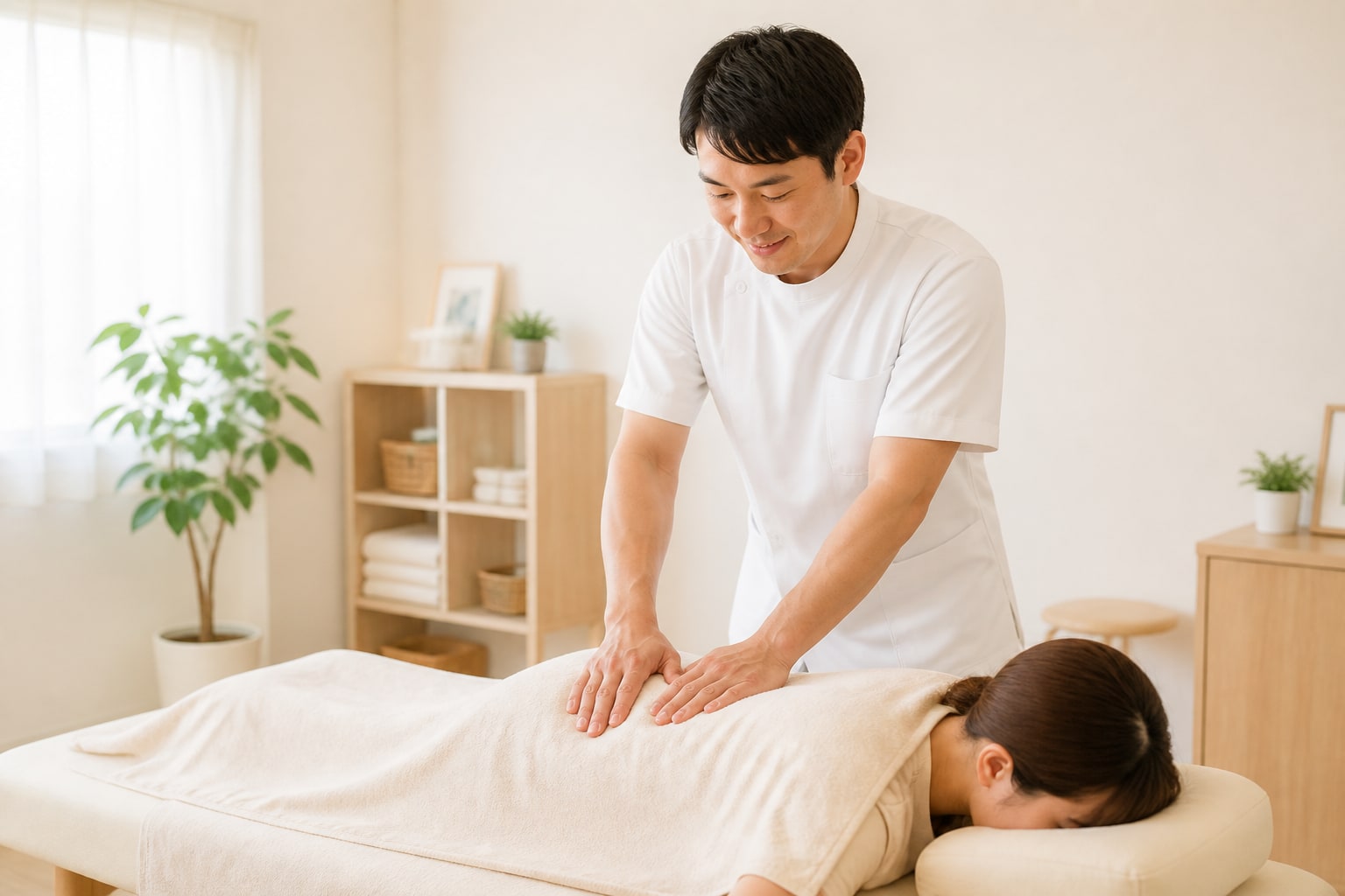 背中や腰へのやさしい整体施術の様子