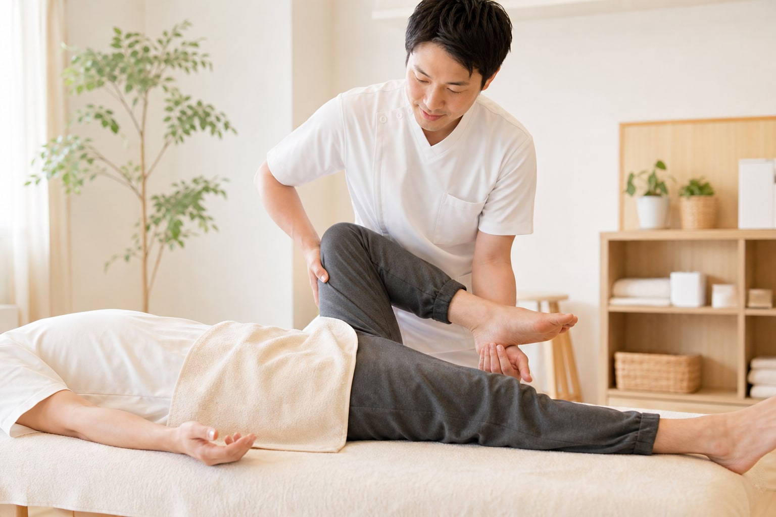 足や骨盤まわりを丁寧に確認している様子
